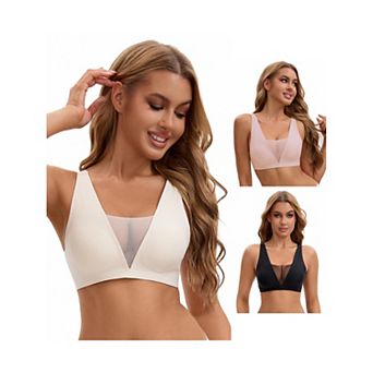 3 Packs Women's Deep V Push Up Wirefree Seamless Mesh Plunge Bras Light and Breathable Minimizers