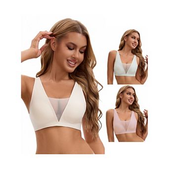 3 Packs Women's Deep V Push Up Wirefree Seamless Mesh Plunge Bras Light and Breathable Minimizers