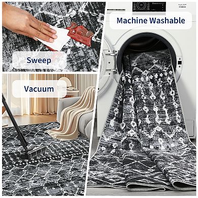 Boho Machine Washable Rug, Stain-Resistant Ultra-Thin Carpet, Soft Low Pile Indoor Floor Mat