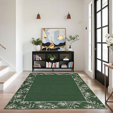 Floral Bordered Washable Rug with Non-Slip Backing, Stain-Resistant Foldable Indoor Carpet