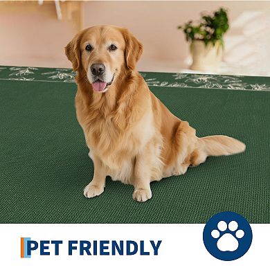 Floral Bordered Washable Rug with Non-Slip Backing, Stain-Resistant Foldable Indoor Carpet