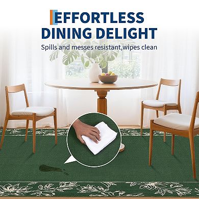 Floral Bordered Washable Rug with Non-Slip Backing, Stain-Resistant Foldable Indoor Carpet