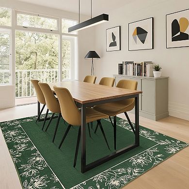 Floral Bordered Washable Rug with Non-Slip Backing, Stain-Resistant Foldable Indoor Carpet