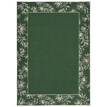 Floral Bordered Washable Rug with Non-Slip Backing, Stain-Resistant Foldable Indoor Carpet