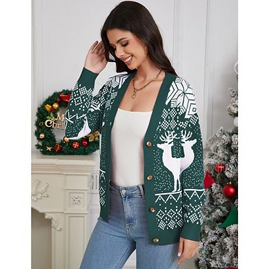 Women's Christmas Ugly Cardigans Sweater Kint Open Front Long Sleeve Button Down Sweaters Cardigan