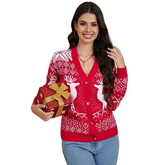Women's Christmas Ugly Cardigans Sweater Kint Open Front Long Sleeve Button Down Sweaters Cardigan
