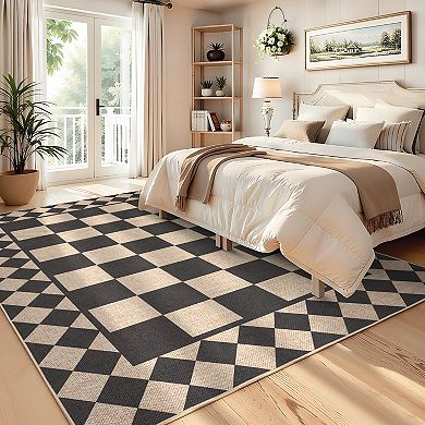 Checkered Easy Jute Rugs Modern Geometric Non-Slip Neutral Plaid Indoor Outdoor Carpet