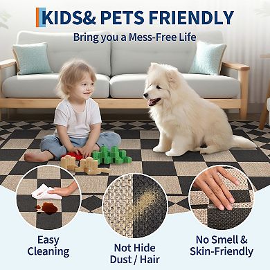 Checkered Easy Jute Rugs Modern Geometric Non-Slip Neutral Plaid Indoor Outdoor Carpet