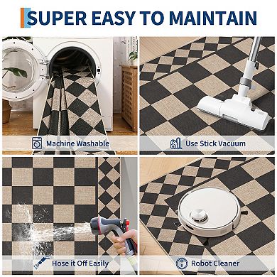 Checkered Easy Jute Rugs Modern Geometric Non-Slip Neutral Plaid Indoor Outdoor Carpet