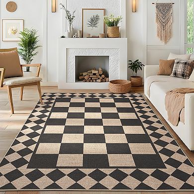 Checkered Easy Jute Rugs Modern Geometric Non-Slip Neutral Plaid Indoor Outdoor Carpet