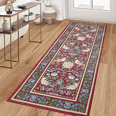 Farmhouse Machine Washable Rug with Rubber Backing Low Pile Stain Resistant Carpet