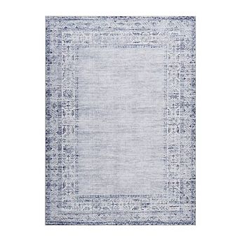 Bordered Machine Washable Rug with Rubber Backing Foldable Low Pile Indoor Carpet