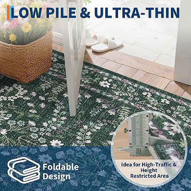 Floral Washable Rug Stain-Resistant Soft Low Pile Easy Cleaning Foldable Ultra-Thin Floor Cover