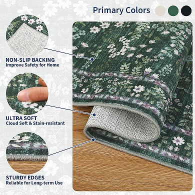 Floral Washable Rug Stain-Resistant Soft Low Pile Easy Cleaning Foldable Ultra-Thin Floor Cover
