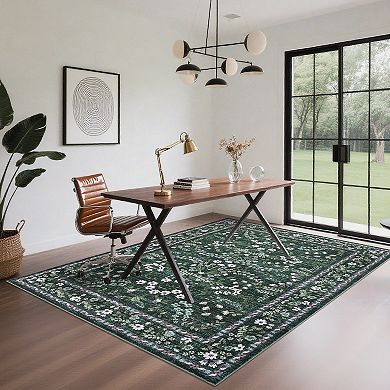 Floral Washable Rug Stain-Resistant Soft Low Pile Easy Cleaning Foldable Ultra-Thin Floor Cover