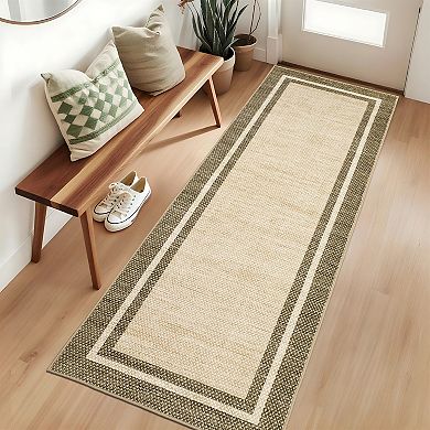 Modern Bordered Machine Washable Rug with Non-Slip Backing, Foldable Low Pile Throw Carpet