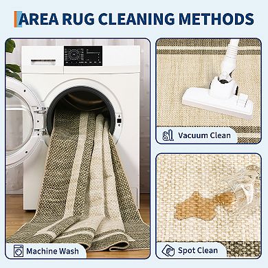 Modern Bordered Machine Washable Rug with Non-Slip Backing, Foldable Low Pile Throw Carpet