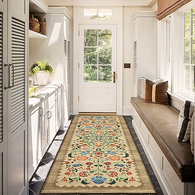 Floral Machine Washable Rug with Non-Slip Backing, Stain-Resistant Foldable Indoor Carpet