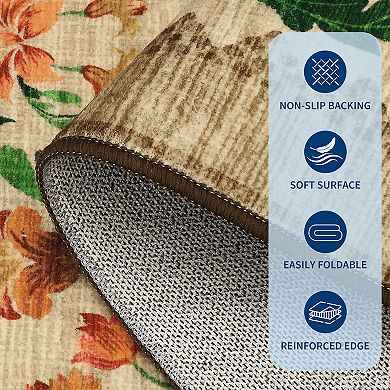 Floral Machine Washable Rug with Non-Slip Backing, Stain-Resistant Foldable Indoor Carpet