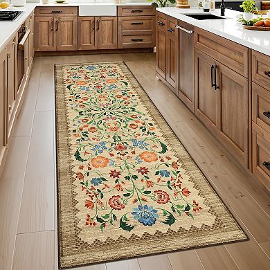 Floral Machine Washable Rug with Non-Slip Backing, Stain-Resistant Foldable Indoor Carpet
