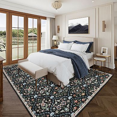 Machine Washable Rug Ultra-Soft Farmhouse Floral Throw Carpet Stain-Resistant Thin Mat