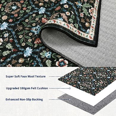 Machine Washable Rug Ultra-Soft Farmhouse Floral Throw Carpet Stain-Resistant Thin Mat