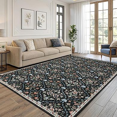 Machine Washable Rug Ultra-Soft Farmhouse Floral Throw Carpet Stain-Resistant Thin Mat