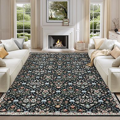 Machine Washable Rug Ultra-Soft Farmhouse Floral Throw Carpet Stain-Resistant Thin Mat