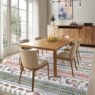 Floral Machine Washable Ultra-Soft Boho Stain-Resistant Low Pile Easy Cleaning Floor Carpet