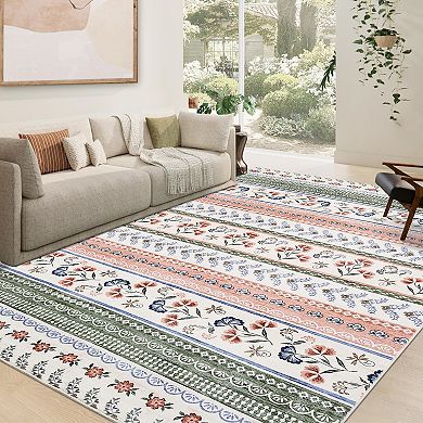 Floral Machine Washable Ultra-Soft Boho Stain-Resistant Low Pile Easy Cleaning Floor Carpet