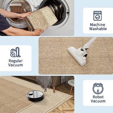 Modern Bordered Machine Washable Rug with Non-Slip Backing, Stain-Resistant Foldable Indoor Carpet