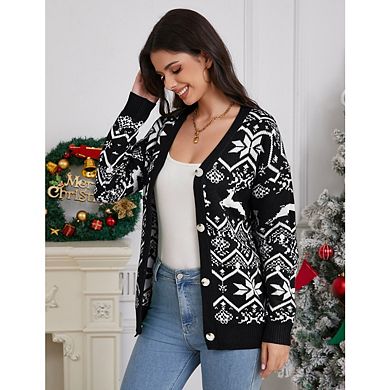 Women's Christmas Cardigan V Neck Button Down Long Sleeve Open Front Cardigan Sweaters Knitwear