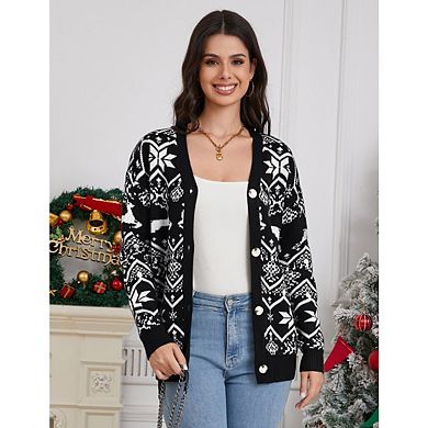 Women's Christmas Cardigan V Neck Button Down Long Sleeve Open Front Cardigan Sweaters Knitwear