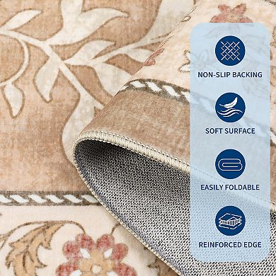 Floral Washable Rug Foldable Printed Carpet with Non-Slip Backing Non-Shedding Floor Cover
