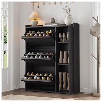 Shoe Storage Cabinet with 3 Flip Drawers & Side Door, Hidden Shoe Organizer