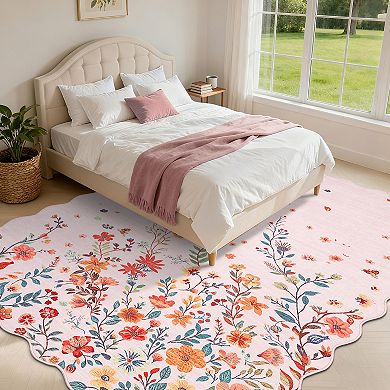 Floral Machine Washable Rug with Rubber Backing Low Pile Stain Resistant Carpet