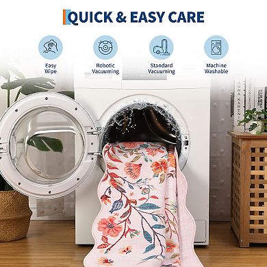 Floral Machine Washable Rug with Rubber Backing Low Pile Stain Resistant Carpet