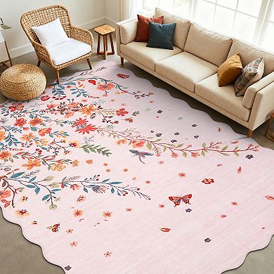 Floral Machine Washable Rug with Rubber Backing Low Pile Stain Resistant Carpet