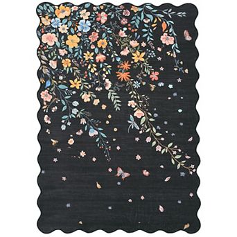 Floral Machine Washable Rug with Rubber Backing Low Pile Stain Resistant Carpet
