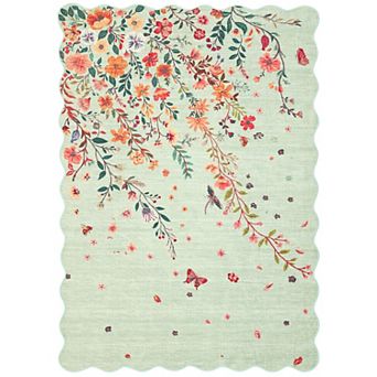 Floral Machine Washable Rug with Rubber Backing Low Pile Stain Resistant Carpet