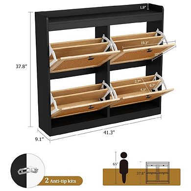 Shoe Storage Cabinet with 4 Flip Drawers, Wood Shoe Cabinet with Rattan Doors