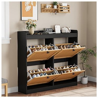 Shoe Storage Cabinet with 4 Flip Drawers, Wood Shoe Cabinet with Rattan Doors