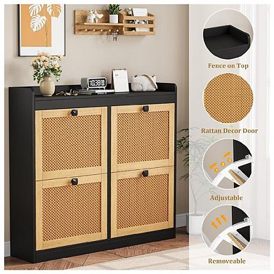 Shoe Storage Cabinet with 4 Flip Drawers, Wood Shoe Cabinet with Rattan Doors