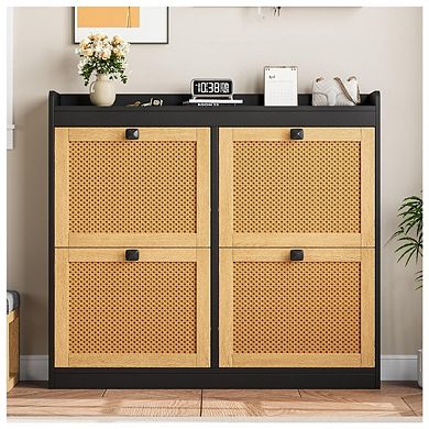 Shoe Storage Cabinet with 4 Flip Drawers, Wood Shoe Cabinet with Rattan Doors
