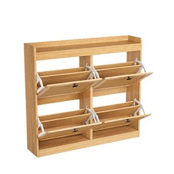 Shoe Storage Cabinet with 4 Flip Drawers, Wood Shoe Cabinet with Rattan Doors