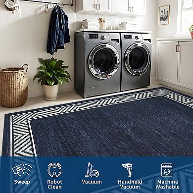 Modern Bordered Washable Geometric Living Room Carpet, Non-Slip Non-Shedding Low Pile Floor Mat