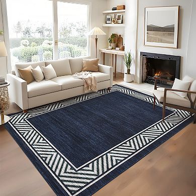 Modern Bordered Washable Geometric Living Room Carpet, Non-Slip Non-Shedding Low Pile Floor Mat