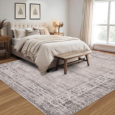 Bordered Machine Washable Rug with Rubber Backing Foldable Low Pile Indoor Carpet