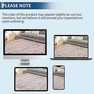 Bordered Machine Washable Rug with Rubber Backing Foldable Low Pile Indoor Carpet