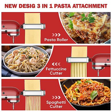 Gvode 3-in-1 Pasta Kitchen Attachment for Stand Mixer with All-Metal Roller Cutters & Cleaning Brush